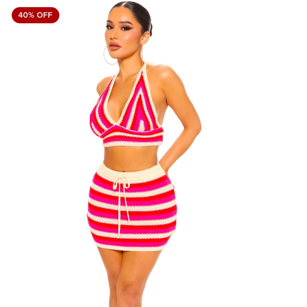Pink and Cream Striped Knit Halter Top and Skirt Set